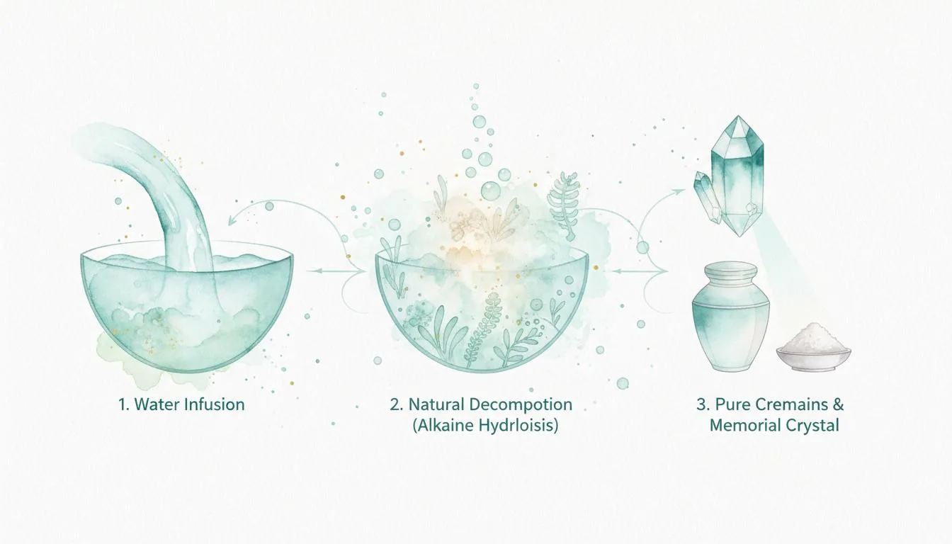 水化流程示意圖 — 水注入、自然分解、純淨骨粉
